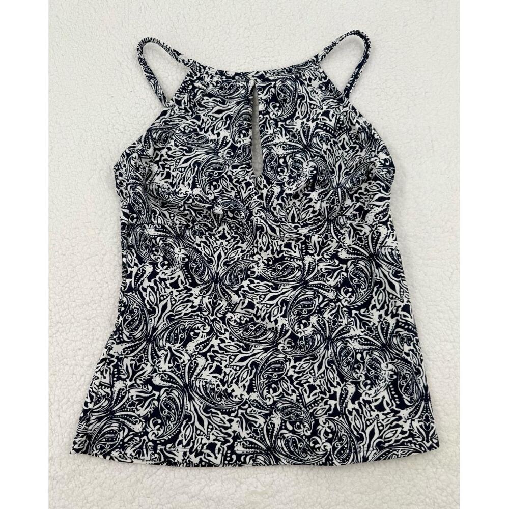 ELLEN TRACY Green White Print Pattern High Neck Keyhole Tankini Top Size‎ 8